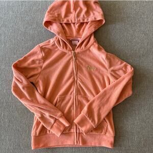 Juicy Couture Girls Velour Hoodie Sz 7 Y2K Cherry Bling Zip Up Peach Orange Logo